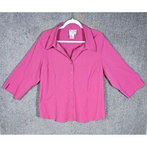 Vintage Fred David Button Up Top Womens Sz 1X Pink 3/4 Sleeve Cuff Slits Collar